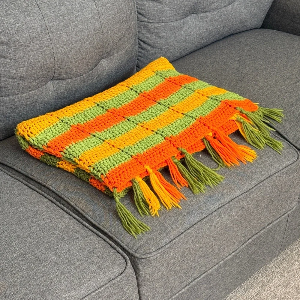 Vintage Handmade Crochet Throw Blanket Fringe‎ Boho Orange Green Yellow Afghan